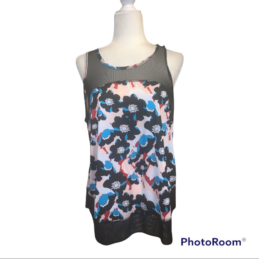 Xersion Quick Dri Winslet Flower Blue Athletic Tank with Sheer Mesh Sz L